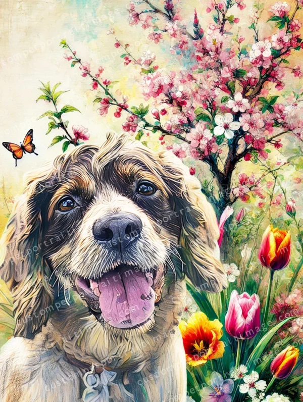 Springtime Bloom – Artistic Floral Wonderland Pet Portrait with Vibrant Garden Flowers