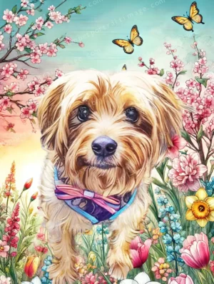 Whimsical Spring Garden – Artistic Watercolor Floral Pet Portrait with Vibrant Colors