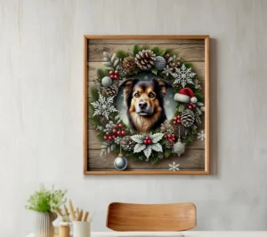 Custom Winter Pet Portrait with Festive Wreath – A beautiful, high-quality memorial pet artwork featuring a cozy winter theme with pinecones, snowflakes, and a rustic wooden background. Perfect for pet remembrance and holiday decor.