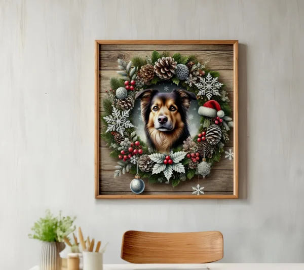 Custom Winter Pet Portrait with Festive Wreath – A beautiful, high-quality memorial pet artwork featuring a cozy winter theme with pinecones, snowflakes, and a rustic wooden background. Perfect for pet remembrance and holiday decor.